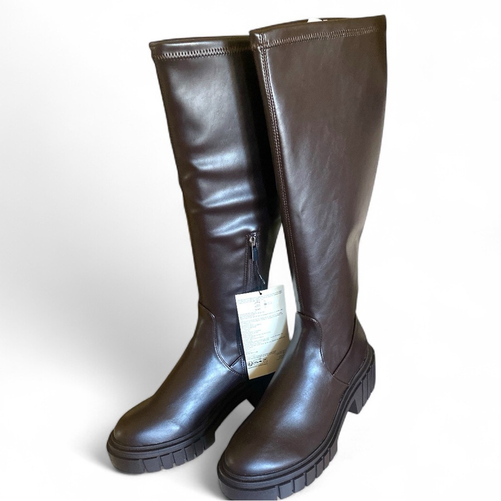THE DROP KENNEDY Y2K Lug Sole Platform Boots Brown Knee High 14” Calf Y2K NWT